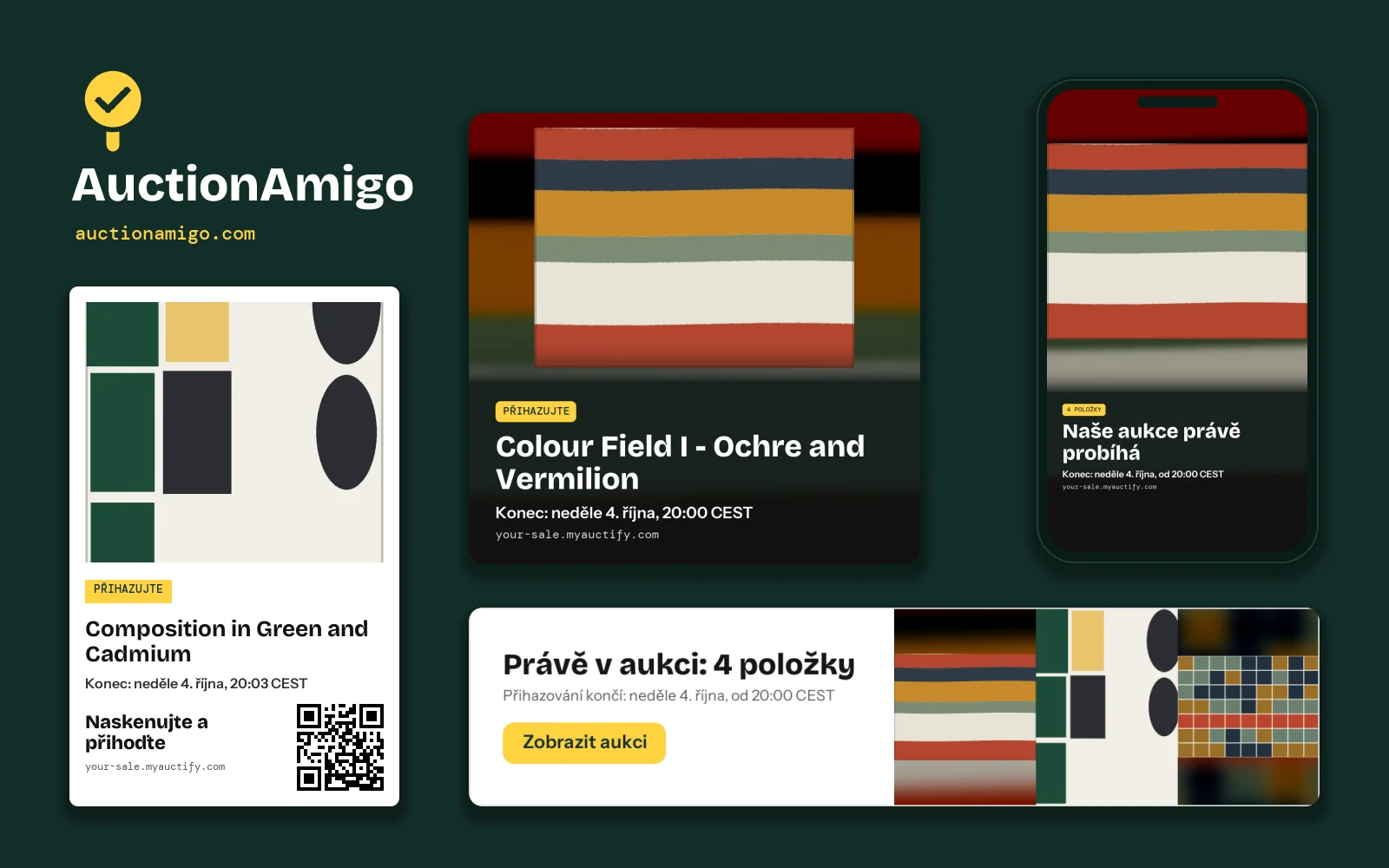 Sada AuctionAmigo vytvořená z položek aukce: karta položky s QR kódem, obrázek pro příspěvek, obrázek story v telefonu a e-mailový banner