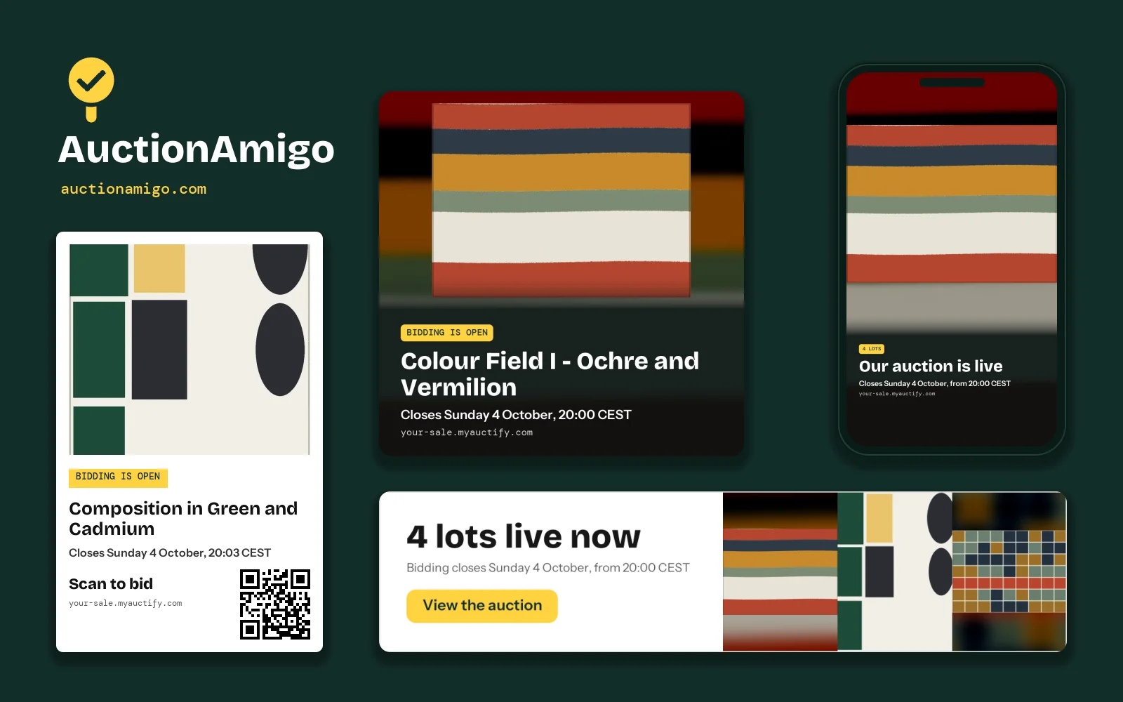 The AuctionAmigo kit made from an auction’s lots: a lot card with a QR code, a post image, a story image on a phone and an email banner