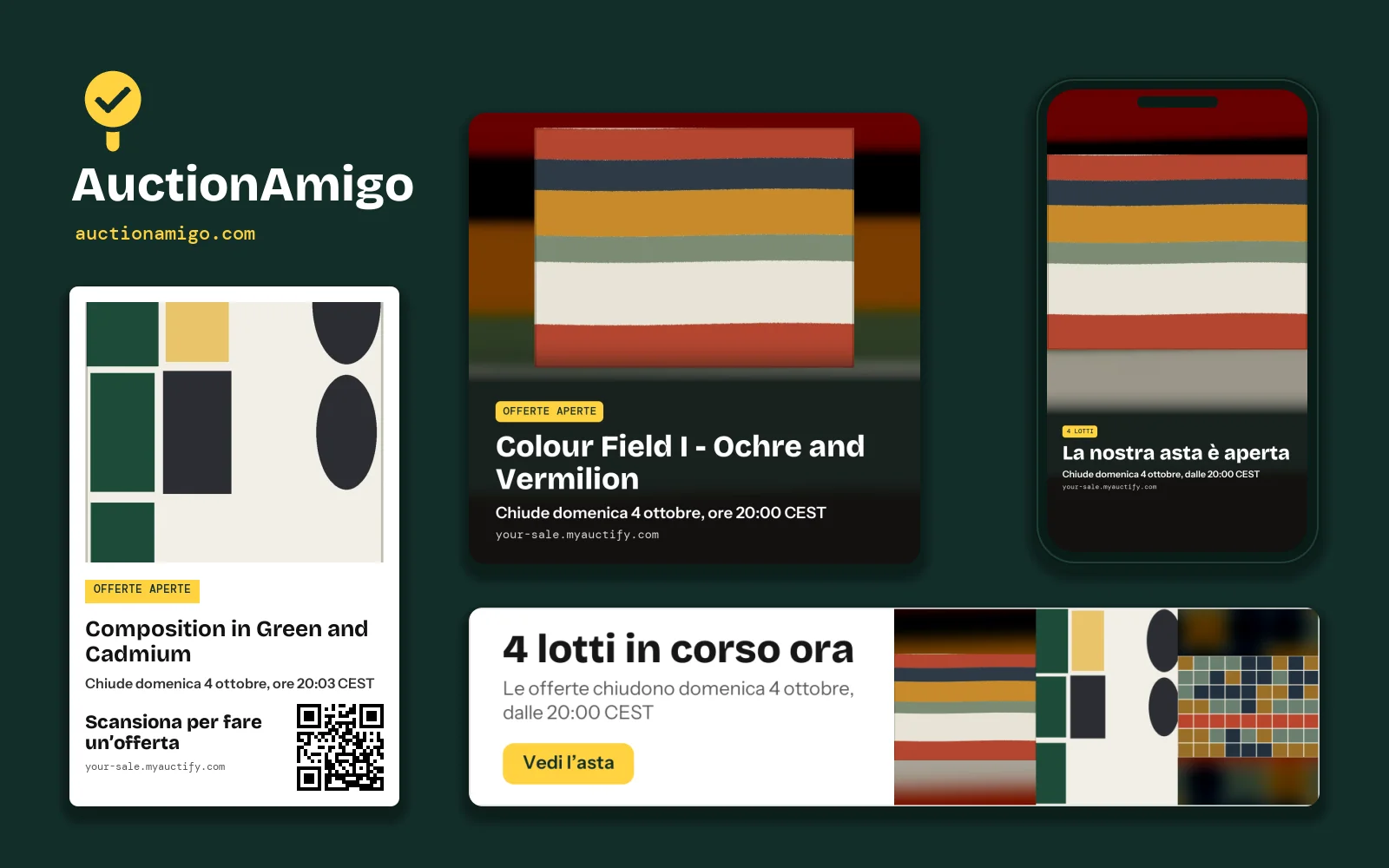 Il kit AuctionAmigo creato dai lotti di un’asta: una scheda lotto con codice QR, un’immagine per i post, un’immagine per le storie su uno smartphone e un banner per le email