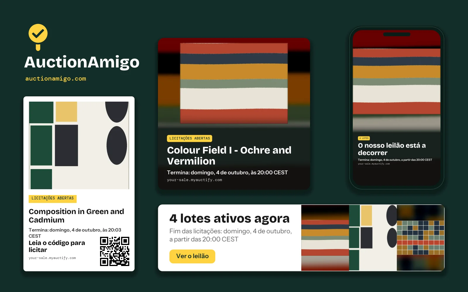 O kit AuctionAmigo criado a partir dos lotes de um leilão: um cartão de lote com código QR, uma imagem para publicação, uma imagem de story no telemóvel e um banner para e-mail