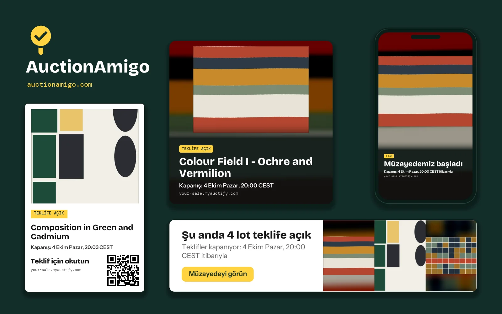 Bir müzayedenin lotlarından hazırlanan AuctionAmigo kiti: QR kodlu bir lot kartı, bir gönderi görseli, telefonda bir hikâye görseli ve bir e-posta bannerı